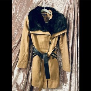 Faux Fur Collar Coat with Leather Trim Belt